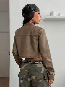 Coolane Women's Fall/Winter Streetwear Grunge Race Car Driver Y2K Leather Zip Up Cropped Washed Jacket