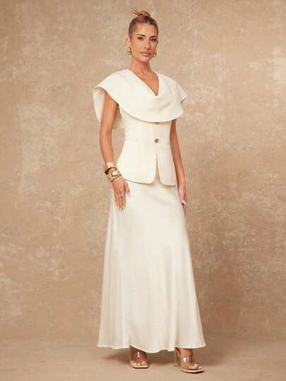 Lumalex 女士优雅杏色深V领垂褶设计翻领披肩，仿口袋设计，金属装饰纽扣，无袖修身外套，春秋季