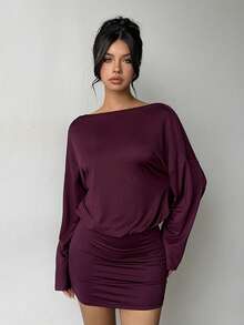 Aloruh Purple Women's Elegant Knit Backless Tie Strap Mini Dress - Purple - View 6