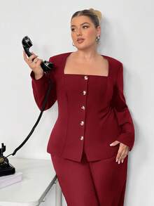 Truni Plus Size Women's Square Neck Long Sleeve Blazer Jacket, Cinched Waist Metal Button Detail Blazer In Fall/Winter, For Pear Triangle Body Shape - Burgundy - View 7