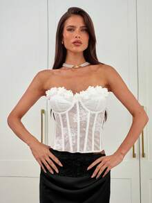 Aloruh Damen sexy Spitzen-Bustier-Top mit 3D Blumenmuster, geeignet für Partys, Hochzeitssaison - Weiss - Übersicht 4