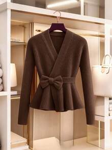 GlowEve New Fashionable Mixed Color Chic Versatile Knitted Sweater Top - Brown - View 1