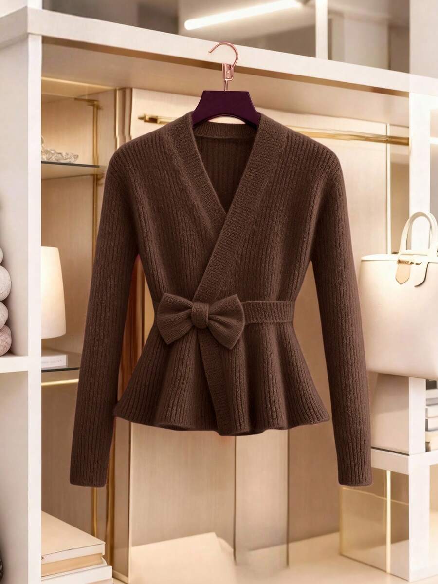GlowEve New Fashionable Mixed Color Chic Versatile Knitted Sweater Top - Brown - View 1
