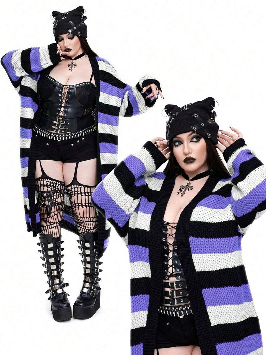 Whyspr New Versatile Casual Multi-Color Loose Fit Long Sleeve Long Cardigan Sweater - Multicolor - View 1