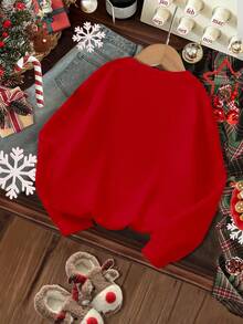 SHEIN Happikins Christmas Family Set,Young Girl Red Autumn Party Casual Thick Soft Warm Long Sleeve Crew Neck Sweatshirt,Snowman Christmas Tree Star Print - Red - View 2