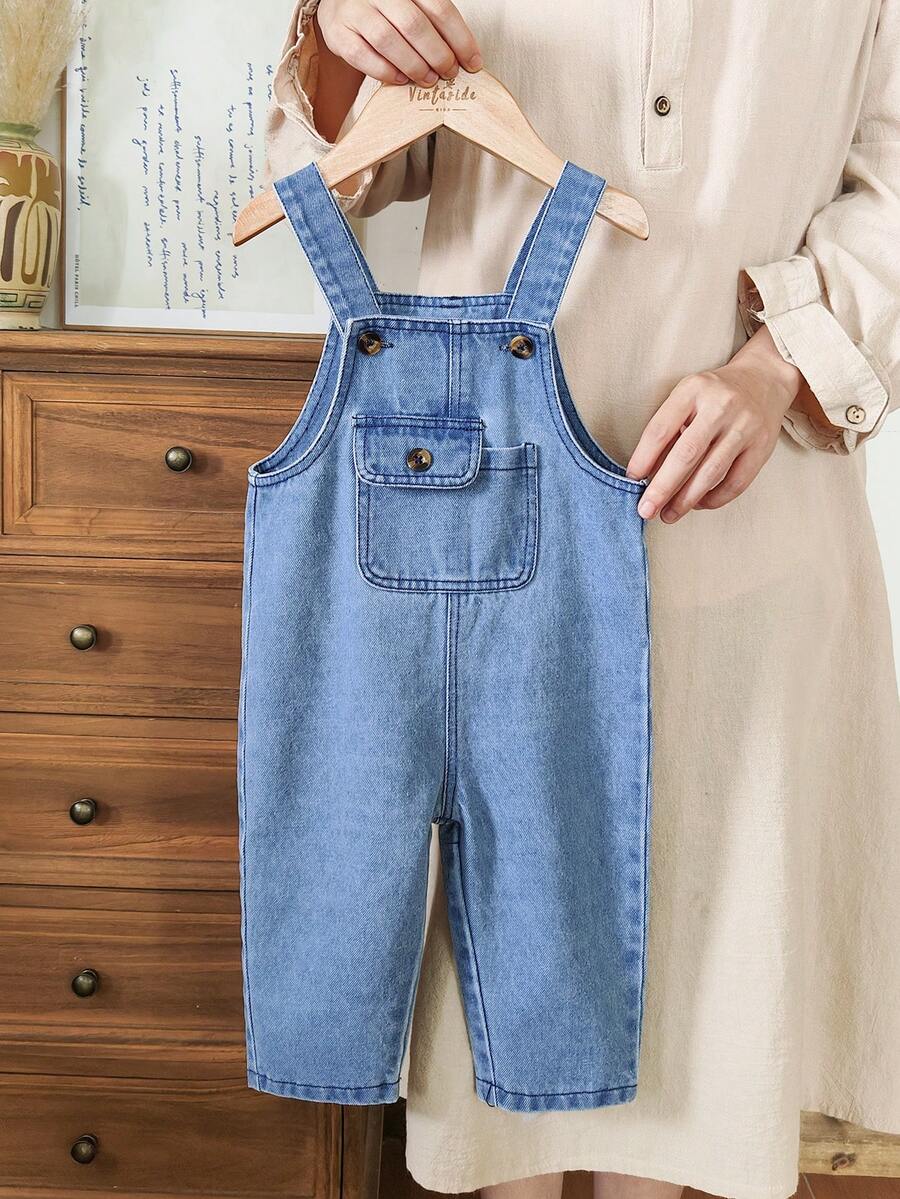 Vintaside Kids Baby Boy Washed Denim Bib Pants, Casual For Autumn - Medium Wash - View 1