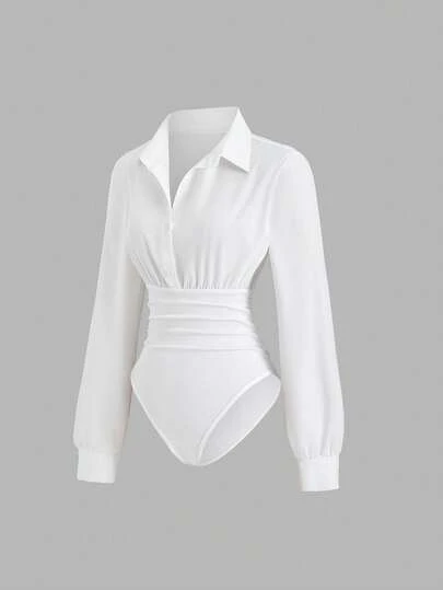 Sweetra Women's Retro Sexy Bodysuit, Fitted Slimming, Elegant High-End Comfortable Versatile Fashionable White Bodysuit