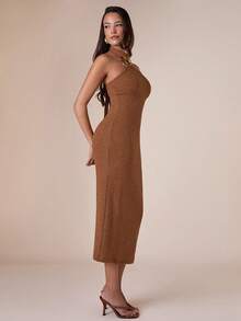COSMINA Vestido casual ajustado sin mangas con anillo metálico decorativo en el cuello halter de unicolor para mujer - Marrón - Ver 5