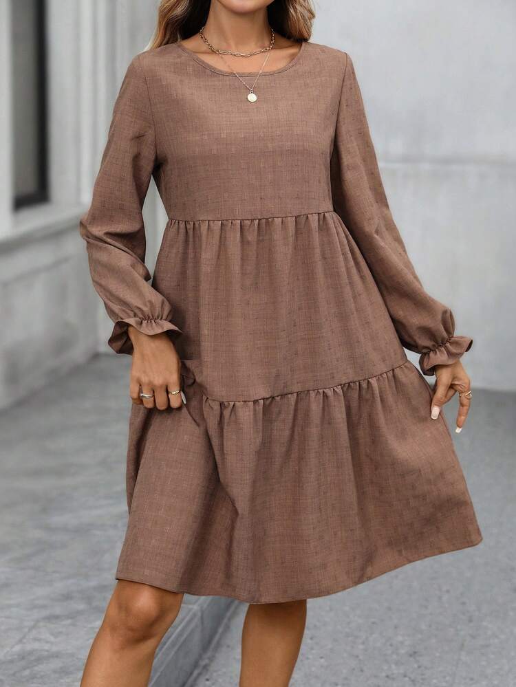 Women's Solid Color Minimalist Long Sleeve Midi Dress, Casual Everyday Wear Winter Dress Casual Dresses For Women Going Out Dress Brown Dress Women Tiered Dress Mini Ruffle Dress Casual Brown Dress Going Out Dress Brown Elegant Dress Women