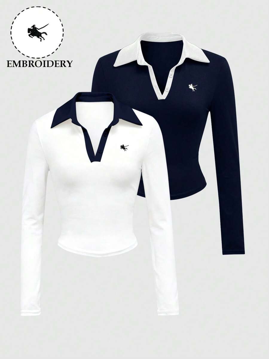 INAWLY 2 piezas Camisetas polo de manga larga negras y grises bordadas de estilo casual para mujer, ajustadas para exteriores