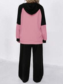 Casual Comfortable Hooded Contrast Color 2 Pieces Set For Women - Multicolor - View 2