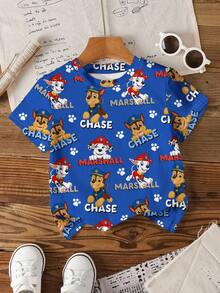 SHEIN | PAW Patrol 男童休闲字母和卡通狗印花短袖T恤，夏季 - 白色 - 查看 1