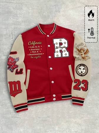 Men's Preppy Casual Contrast Color Patchwork Slogan Print Jacket, Autumn/Winter