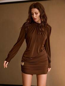MOTF PREMIUM WOMEN'S SHORT DRAPED RUCHED DRESS - Coffee Brown - View 4