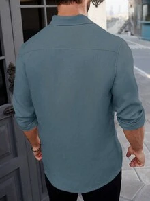 Manfinity CasualCool 男士休闲商务纯色单排扣长袖衬衫 男士休闲长袖衬衫 男士灰蓝色衬衫 男士纹理衬衫 男士亚麻衬衫 - 灰色 - 查看 2