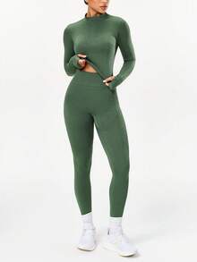 Seamluxe SHEIN Sport Bộ đồ thể thao cổ cao tay dài và quần dài liền mạch - xanh quân đội - Xem 2