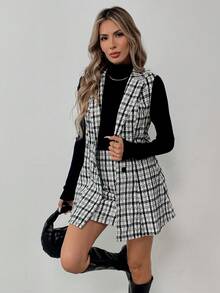 SHEIN PETITE Veste sans manches croisée et jupe évasée Ensemble élégant et décontracté pour le travail et les sorties. Style vintage français. Veste blanche et jupe, ensemble 2 pièces pour l'automne/hiver - Multicolore - Voir 4