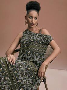 JIAN LASALA Multicolor All-Over Boho Print Asymmetrical One-Shoulder Sleeveless Women Maxi Dress Holiday Najma Dress Casual Long Dress Bohemian Dress For Women Green Maxi Dress Women Cold Shoulder Dress For Women Sleeveless Maxi Dress Boho Maxi Dress Green Pattern Dress Elegant Ibiza Outfits Graphic Dress Motif Women Dresses - Multicolor - View 6