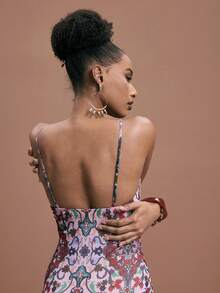 JIAN LASALA 全印花网纱吊带抹胸无袖波西米亚风层叠连衣裙，适合度假、优雅的伊比沙岛装扮、花园派对、正式场合、花卉礼服、兰花连衣裙、花朵连衣裙、女士图案连衣裙、粉色波西米亚风连衣裙、鱼尾连衣裙、多层长款连衣裙、长款花卉连衣裙、沙滩婚礼宾客 - 彩色 - 查看 3