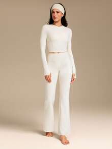 GLOWMODE FeatherFit™ Soft Stretchy Ribbed Seam-Dividing Design Long-Sleeve Tee Top Low Impact Yoga Pilates Studio Daily Casual Wear Removable Cups