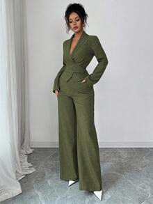 Modelyn Conjunto de 2 piezas de mujer con manga larga, envolvente cruzado y cintura anudada, en color sólido para otoño