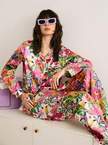 Chillnights 年轻时尚鸟类、植物、花卉、菠萝印花翻领开衫女式睡衣套装，秋冬服装 - 彩色 - 查看 5