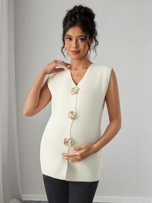 Momance Women's Fitted V-Neck Rose Gold Button Design Casual Elegant Maternity Sweater Vest, Solid Color