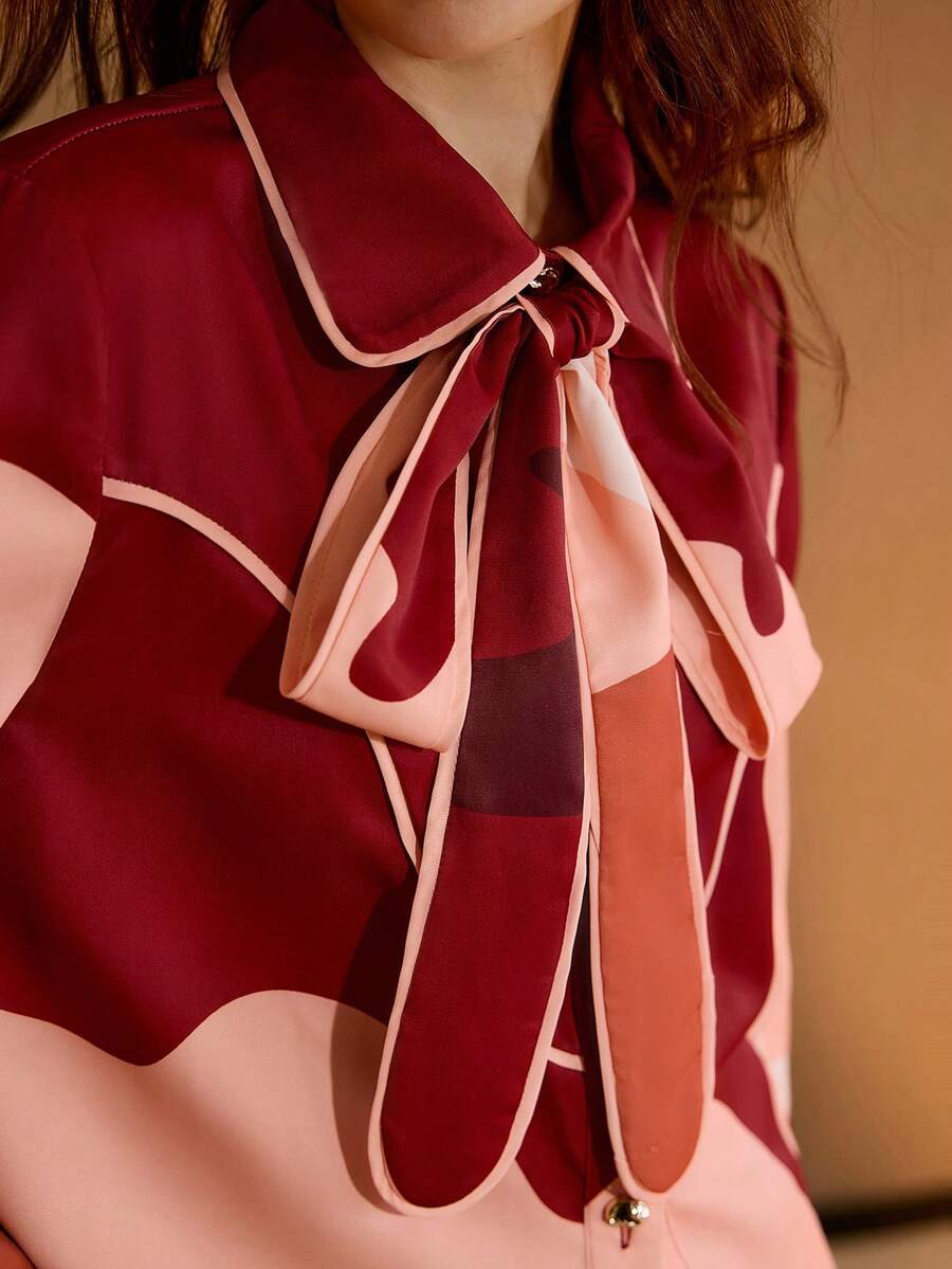 MOTF PREMIUM CAMISA ELEGANTE DE MANGA ACAMPANADA CON CUELLO DE CORBATA Y BLOQUES DE COLOR - Multicolor - Ver 2