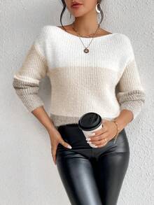 EMERY ROSE Contrast Color Round Neck Drop Shoulder Long Sleeve Casual Loose Pullover Sweater - Multicolor - View 3