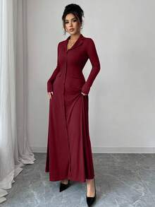 Elenzga 优雅通勤棕色翻领收腰纽扣装饰大A字露背蝴蝶结长袖连衣裙，适合秋冬季女性穿着 - 酒紅色 - 查看 6