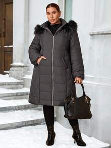 SHEIN Clasi Curvy Plus Size Women's Long Hooded Quilted Padded Coat, Detachable Warm Fur Collar Zipper Coat With Pockets, Plain Grey, Winter, Casual, Hiking, 2025 New - Olive Green - View 5