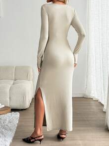 SHEIN LUNE Vestido casual de mujer con manga larga dividida y cuello especial - Albaricoque - Ver 3