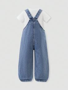 Young Girls Cartoon Printed Denim Bib Pants And Jumpsuit, Loose Straight Leg Overalls, Cute And Casual Style Recommended! Classic Washed Blue Denim Fabric, Cartoon Print Pattern, High Waist Elastic Waistband + Fake Chain Decor, Easy To Wear And Take Off, Straight Leg Design Flatters The Legs. - Medium Wash - View 2