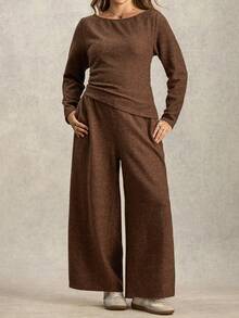 Zelara 2pcs Plus Size Set, Textured Comfortable Fabric Top And Pants Brown Two Piece Set Women Plus Size Co Ord Set - Khaki - View 4