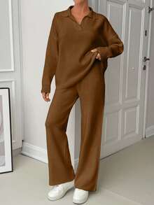 EURMUSE Woman Loose Fit Comfy Warm Thick Polo Neck Sweater And Pants Co-Ords Two Pieces Set - Camel - View 9