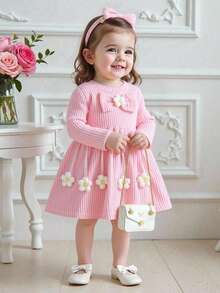 Souflis Souflis 女宝宝针织罗纹圆领长袖大蝴蝶结3D碎花连衣裙，甜美可爱儿童春秋装 - 粉色 - 查看 1