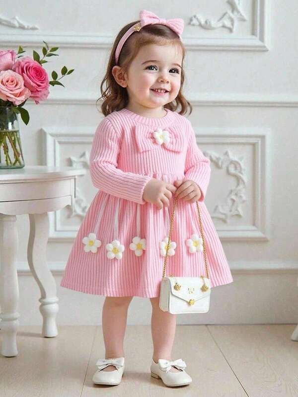 Souflis Souflis Baby Mädchen gestrickte gerippte Rundhals Langarm Kleid mit großer Schleife und 3D Blumen, süß & niedlich für Kinder im Frühling/Herbst