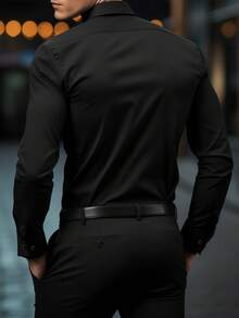 Manfinity Mode Men's Fashion Casual Business Commuting Men's Stand-Up Collar Solid Color Button Long Sleeve Shirt, Men's Formal Shirt, Men's Solid Color Shirt. Suitable For Daily Wear, Commuting To Work, Going Out, Party, Can Be Paired With Suit Pants Or Suit Suits To Attend Parties, Weddings, Honeymoon Scenes. Can Be Given As A Gift To Sons, Husbands, Boyfriends, Fathers, For Fall, Old Money Style