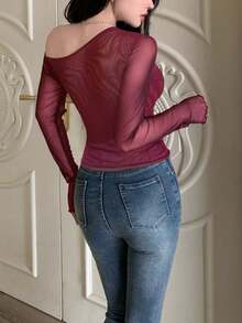 Modelyn Women's Solid Color Mesh Patchwork Oblique Shoulder Ruched Minimalist T-Shirts - Burgundy - View 2