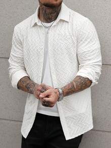 Manfinity CasualCool Camisa masculina casual de manga comprida com botões frontais e textura lisa, em cor sólida, ideal para o outono.