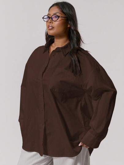 MUSERA 大码口袋细节纽扣衬衫，优雅可爱性感街头风，适合夜间外出穿着，曲线美