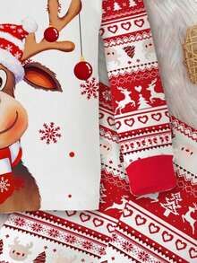 SHEIN 女婴圣诞节可爱卡通驯鹿、雪花、圣诞几何花卉费尔岛图案红色节日休闲简约舒适厚紧身裤和长袖上衣睡衣套装，适合秋冬季 - 彩色 - 查看 7