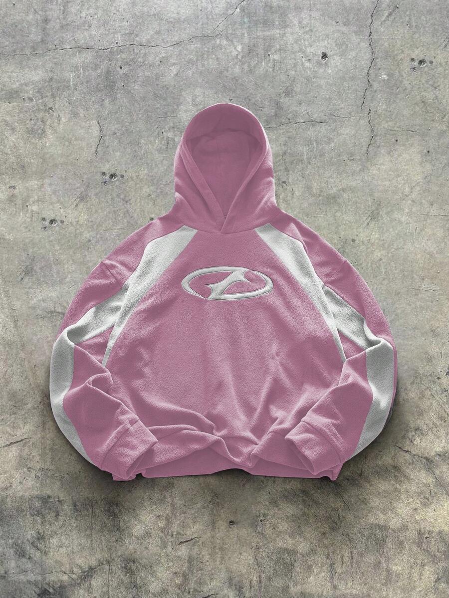 Hoodie Lengan Panjang Patchwork Blok Warna Kasual Olahraga AXEPEAK - Baby Pink - View 1