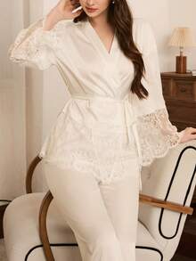Moireta 情人节纯色优雅成熟魅力蕾丝边腰部翻领喇叭袖上衣和阔腿缎面睡衣套装，女士秋冬服装 - 白色 - 查看 5