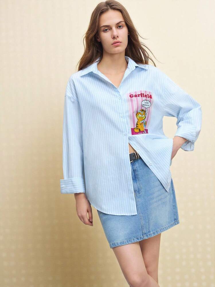 SHEIN Maija レディース ストライプ&カートゥーンパターン フロントボタン 長袖シャツ