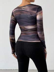 Chiquease Damen Batik-Muster geraffter Hals Langarm T-Shirt Grafik Oberteile Damen für Frühlings-Outfit Herbstkleidung für Frauen