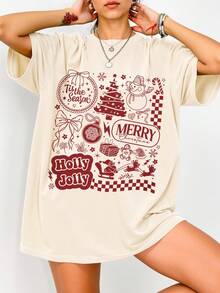 EMERY ROSE Women's Plus Size Christmas Apricot T-Shirt With Holly Jolly Print Short Sleeve Round Neck Knitted Fabric Top - Apricot - View 3