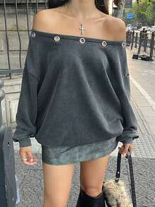 Coolane 女士秋冬街头服饰 外出 垃圾摇滚 哥特 Y2K 水洗 索环 孔眼 复古 宽松 运动衫 - 黑色 - 查看 3