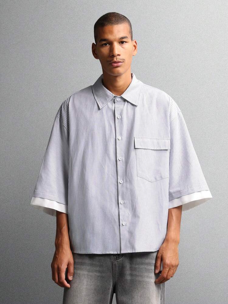 Striped Button Down Collar Shirt With Chest Pocket