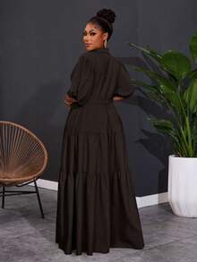 SHEIN CURVE+ Váy maxi xếp ly chữ A tay ngắn màu trơn cỡ lớn 2025 dành cho nữ, dáng rộng, kỳ nghỉ Hoho - màu nâu - Xem 2